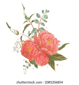 Bouquet of peonies hand drawn illustration. Isolated vector.