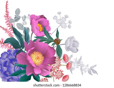 Bouquet peonies, hydrangeas, eucalyptus branches, foliage, herbs, white background. Floral pattern and space for text. Flowers decoration business card design. Vector illustration. Vintage. Victorian.