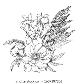 Bouquet of peonies, iris flowers with a fern leaf, composition of garden flowers, black and white vector illustration