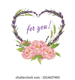 
Bouquet of peonies and lavender. Flower. Love. Heart of flowers. Greeting card.