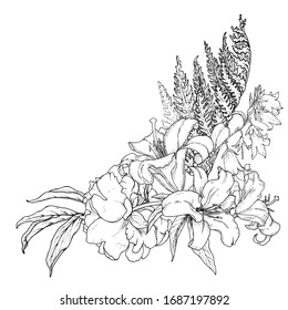 Bouquet of peonies, lilies and bluebells with a fern leaf, black and white vector illustration