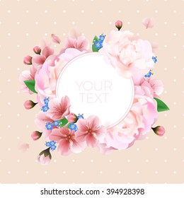 Bouquet of peonies with sakura and me-nots,can be used as greeting card with your text, invitation card for wedding, birthday and other holiday, spring and summer background with copy space.