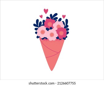 Bouquet of Peonies. Spring fresh flowers wrapped in pink paper. Holiday floral decor. Cartoon vector isolated illustration