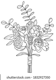 Bouquet of peonies, succulents, eucalyptus and lilac.Anti stress coloring book page for adults or children.Outline vector drawing of flowers.Page of floral pattern in black and white.