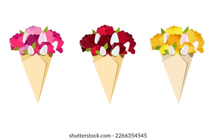 Bouquet of peonies and tulips in paper. Set of bouquet of red flowers, pink flowers and yellow flowers. Flat style. 