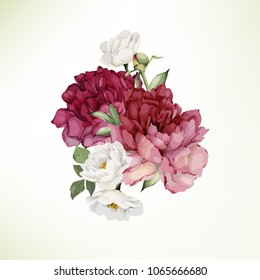 Bouquet of peonies , watercolor, can be used as greeting card, invitation card for wedding, birthday and other holiday and  summer background. Vector.