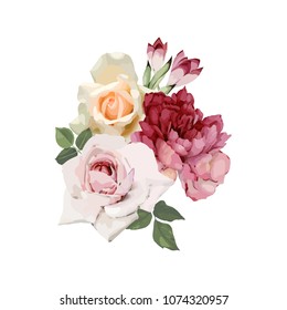 Bouquet of peonies, watercolor, can be used as greeting card, invitation card for wedding, birthday and other holiday and  summer background. Vector illustration