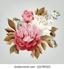 Bouquet of peonies, watercolor, can be used as greeting card, invitation card for wedding, birthday and other holiday and  summer background