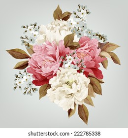 Bouquet of peonies, watercolor, can be used as greeting card, invitation card for wedding, birthday and other holiday and  summer background