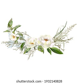 Bouquet from peonies and wild grass. Design element for creating of the greeting card. Vector illustration.