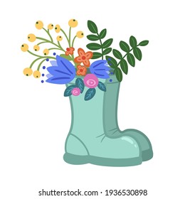 Bouquet of peony, chamomile and berry in a rain boots, for design of covers, postcards, tags and invitation cards. Hand drawn vector illustration isolated on white. Flat design.