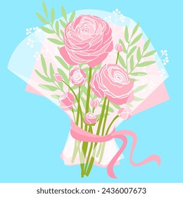 bouquet with Persian buttercup vector flat illustration. Blooming plant with stems, leaves isolated. Flower decoration or holyday symbol for greeting card, mothers, gift label, spring, 8 march, weddin