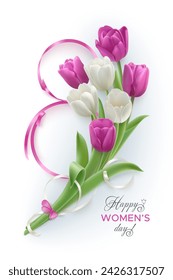 A bouquet of photorealistic white and purple tulips tied with a white ribbon. Happy women's day spring design on light background with eight shaped ribbon