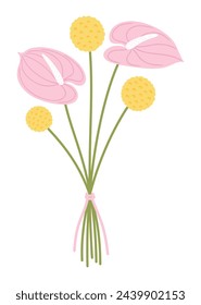 Bouquet with pink anthurium flowers and yellow wildflowers craspedia. Floral composition tied with ribbon. Delicate wild meadow plants for design projects, vector illustration