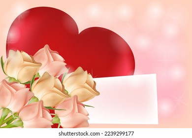 A bouquet of pink and beige roses, a big red heart and a card for a signature on a pink background. Valentine's day concept. Vector image