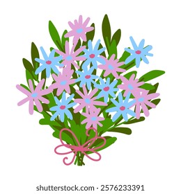 Bouquet of pink and blue flowers tied with ribbon. For greeting cards, wedding invitations, posters, or as decorative art for spring themes