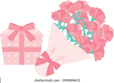 The bouquet of pink carnation and gift box of the Mother's Day