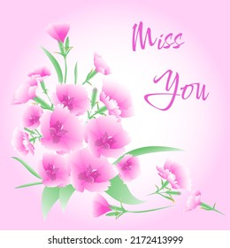 A bouquet of pink carnations and the inscription Miss you on a gradient pink background