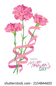 A bouquet of pink carnations woven into ribbons. A greeting card for Mother's Day. Vector vintage illustration. Spring flowers on a white background.