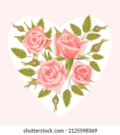 A bouquet of pink flower in the shape of a heart. Realistic style, roses, vintage. For Valentines Day, weddings, design elements, prints on fabric