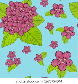 Bouquet of pink flowers arranged on green leaves. The whole composition on a blue background. Blooming Flowers. Spring accent. Seamless graphics. Vector illustration. Vibrant swatch for design.