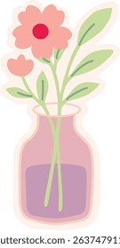 Bouquet of pink flowers arranged in a translucent purple vase