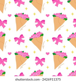 Bouquet of pink flowers with a bow and a heart. Seamless pattern. Can be used for web page background fill, surface texture