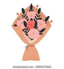 Bouquet of pink flowers in craft paper for Valentine’s Day. Pink, red flowers, green twigs for festive decoration. Flat vector illustration