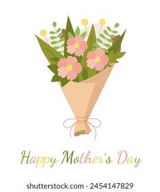 A bouquet of pink flowers and greenery for Mother's Day. Celebration and appreciation greeting card. Vector illustration isolated on white background