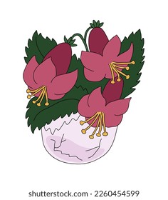 Bouquet de flores rosadas con estambres amarillos y hojas verdes creciendo en una cáscara de lino.Ilustración vectorial sobre un fondo blanco