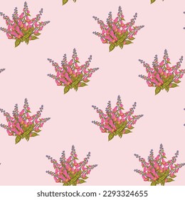 Bouquet of pink foxglove flowers repeated pattern. Colourful seamless background. Suitable for textile, fabric, various DIY and decorative projects.