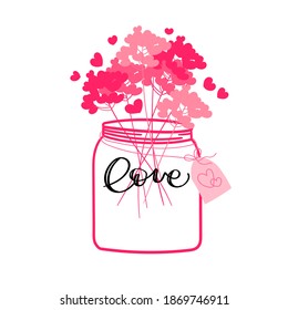 A bouquet of pink hearts in a jar with a label and the words love. Valentine's card for a party in hand drawn style