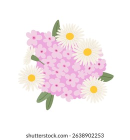 Bouquet of pink lilac flowers, chamomiles and leaves. Botanical vector flat floral illustration. Spring clipart for greeting cards