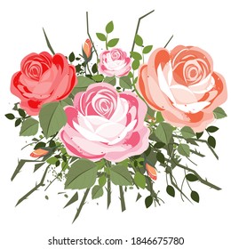 Bouquet of pink, orange, and red roses with green leaves and thorny stems.