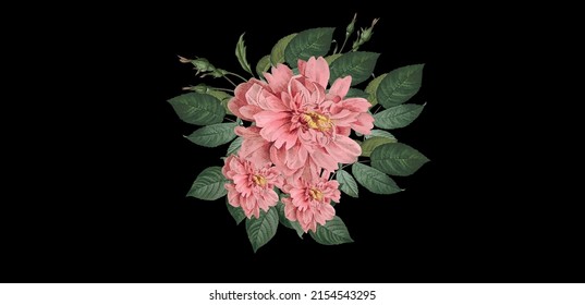 Bouquet of pink peonies with green leaves on black background, vector graphics, digital art 
