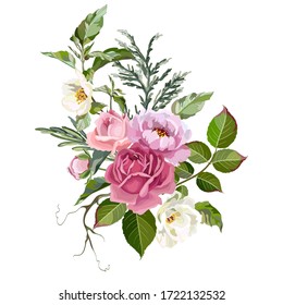 Bouquet of pink peonies and roses with grass on a white background. Greeting card template with flowers. Vector illustration.