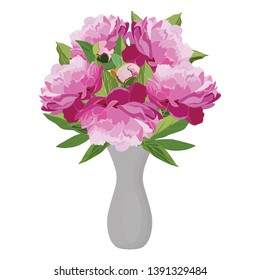 Bouquet of pink peonies in vase, vector flat isolated illustration. Beautiful flowers for greeting card, invitation, poster, banner.