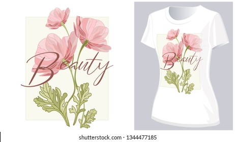 Bouquet of pink poppies, on a white background, with leaves and buds revealing a new flower. - Vector 