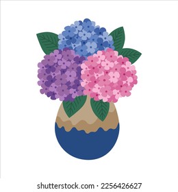 Bouquet de hortensias rosadas, violetas y azules en jarrón. Hermosas flores florecientes por felicitación. Regalo de vacaciones. Ilustración vectorial de color dibujada a mano aislada en fondo blanco. Estilo de caricatura plano