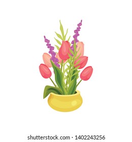 Bouquet of pink and red tulips in a low yellow pot. Vector image on white background.