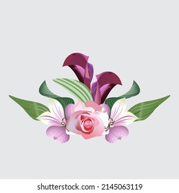 The bouquet with pink rose and purple callas