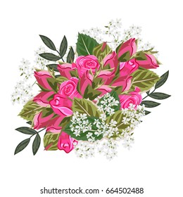 Bouquet of pink roses. Decor elements for greeting cards, wedding invitations, birthday and other celebrations. Isolated on white background.