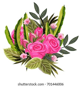 Bouquet of pink roses and exotic leaves. Decor elements for greeting cards, wedding invitations, birthday and other celebrations. Isolated on white background.