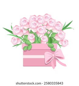 A bouquet of pink roses in a pink gift box with a bow, isolated on a white background.Vector composition for holiday designs,birthday, valentine's day, March 8th.