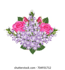 Bouquet of pink roses and lilacs. Decor elements for greeting cards, wedding invitations, birthday and other celebrations. Isolated on white background.