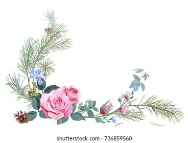 Bouquet of pink roses with pine branches and cones, forget-me-nots: flowers and buds, green leaves, needles. Composition for Christmas on white background, illustration in watercolor style, vector