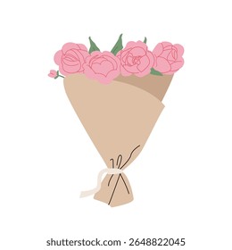 Buquê com rosas rosa. Ilustração plana vetorial de flores envoltas em papel kraft. Clipart floral para cartões comemorativos de férias