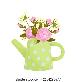 
Bouquet Of Pink Roses In A Vintage Garden Watering Can.Cartoon Vector Graphic.