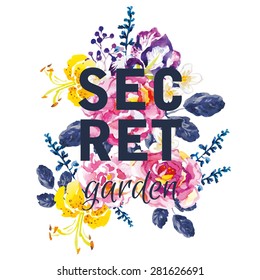 Bouquet of pink roses, violet iris and yellow lilies with dark blue leaves on the white background. Watercolor with summer garden flowers. Print for T-shirt with slogan. Secret garden.