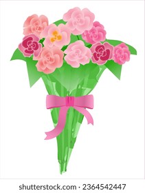 Bouquet of pink roses wrapped in green cellophane intended for Labels, Badges, Icons, Banners, Menus, Invitation etc. Vector illustration isolated on white background.